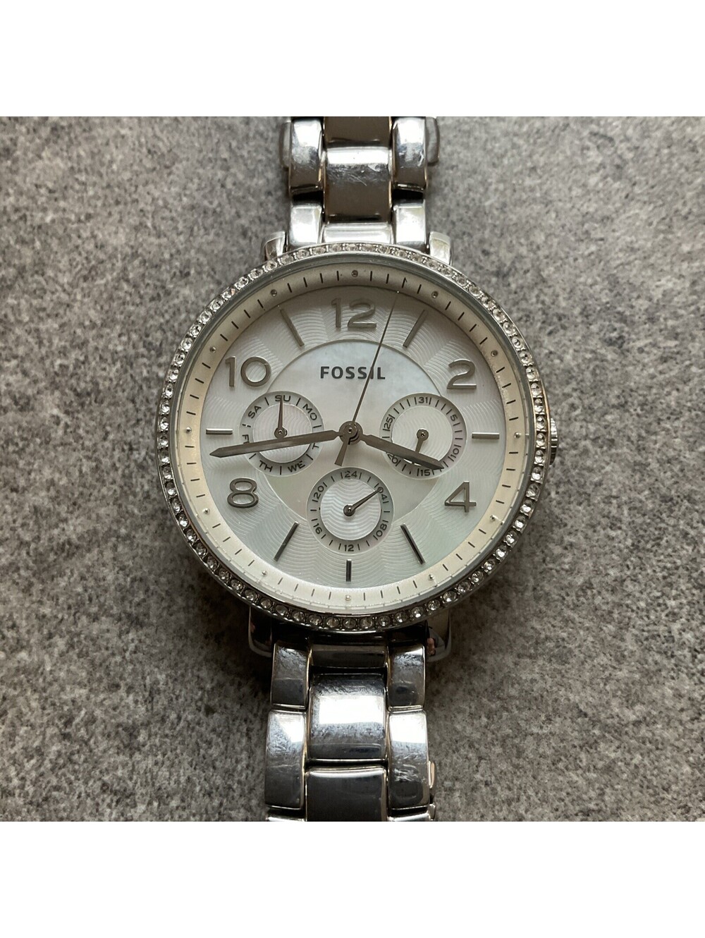 Fossil Womens Watch ES3755 36mm Silver Tone Case MOP Dial W/Crystal Accents BCF